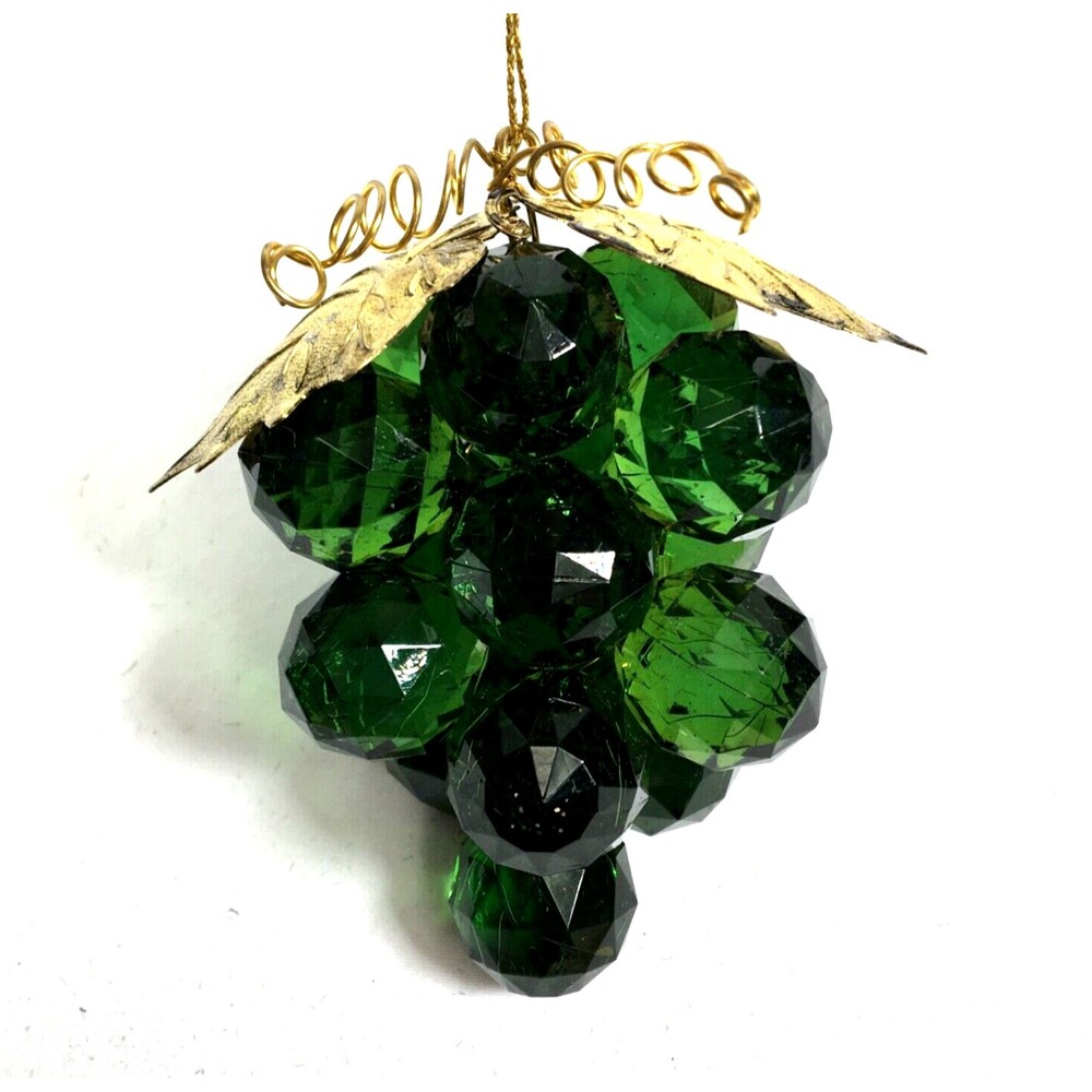 Vtg Green Lucite Faceted Grape Cluster Bunch Christmas Ornament Gold Leaves MCM